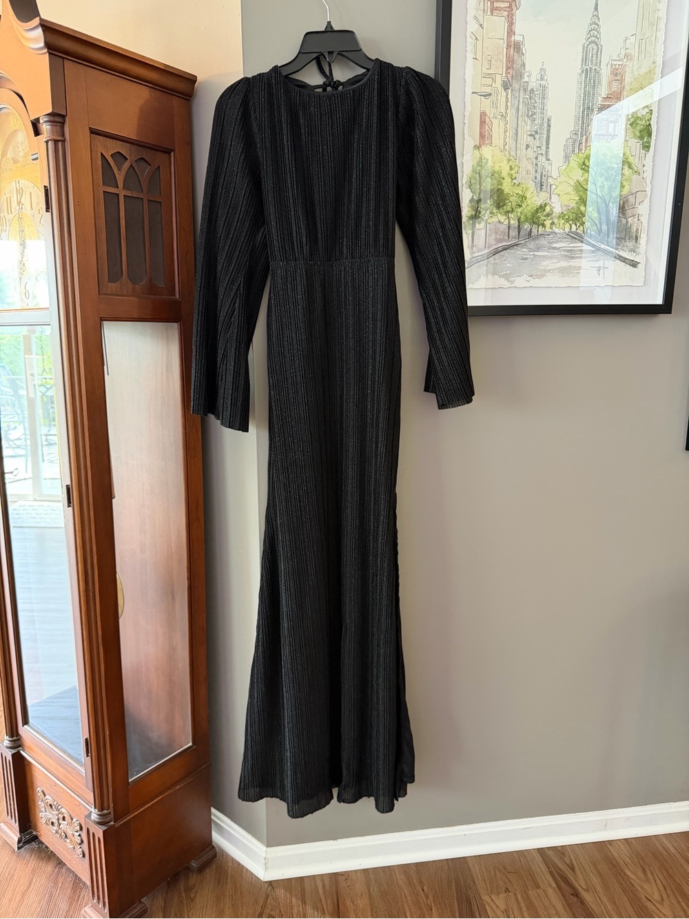 Audrey Parks Francesca's Black Long-Sleeve Shimmery Evening Dress Open Back. Med